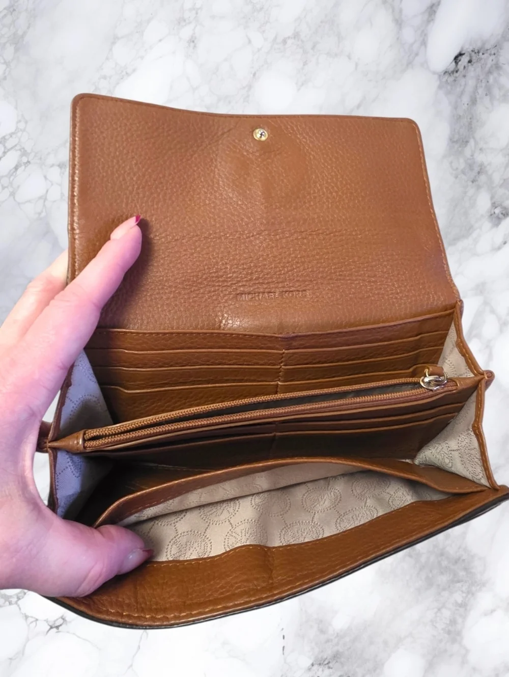 Michael Kors Cognac Leather Wallet MK Logo Continental Snap Closure Organizer